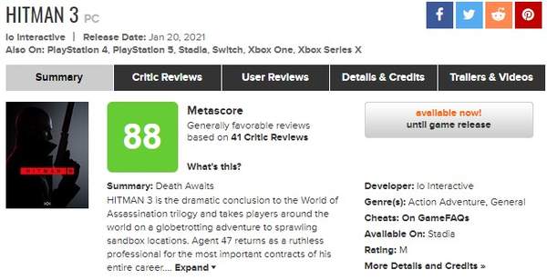 《杀手3》媒体评分解锁 M站PC均分88，开局口碑优秀