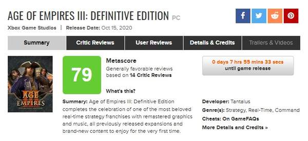 《帝国时代3：决定版》评分解禁 M站79分，获多数好评