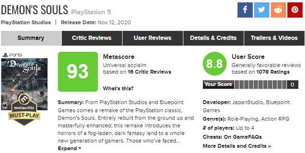 《恶魔之魂：重制版》媒体评价 M站均分93，好评如潮